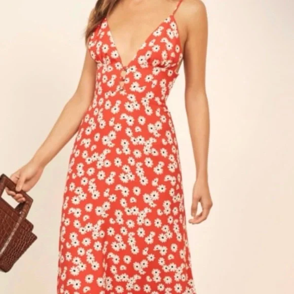 Reformation Red Orange Daisy Slip Dress Montague Dress in Oopsie Daisy Size 6 - Picture 1 of 12